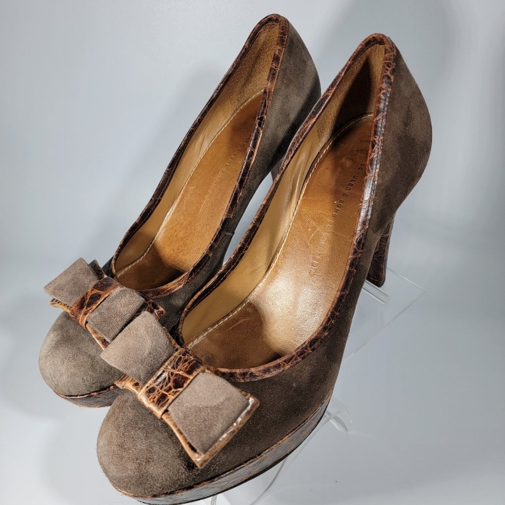 Schuler and Sons Philadelphia Brown Suede Leather Pump High Heels w/ Bow Size 8B